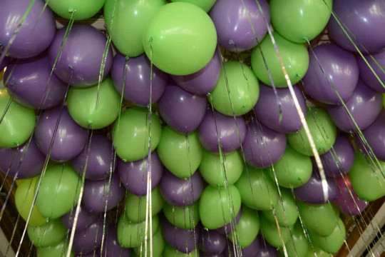 Lavender & Lime Green Loose Ceiling Balloons with Shimmer Ribbon over Dance Floor