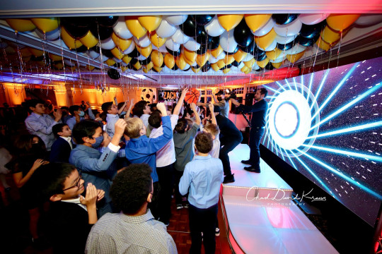 Amazing Loose Balloons Over Dance Floor Ceiling with Soccer   and Basketball Balloon Sculpture and Custom Backdrop for Sports Themed Bar Mitzvah