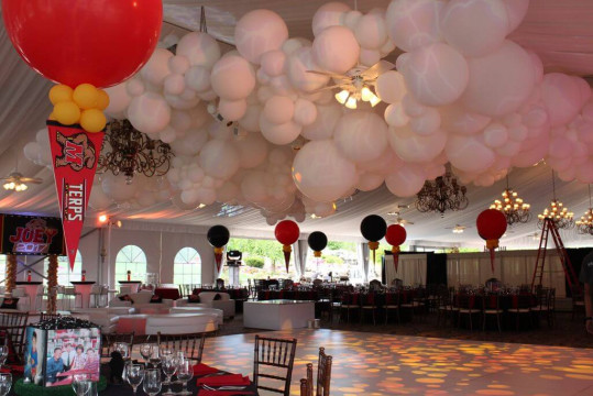 White Balloon Sculpture over Dance Floor for Maryland Themed Graduation Party at West Hills Country Club