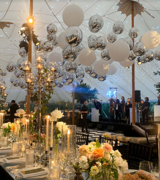 White & Silver Ceiling Balloons for Outdoor Wedding in Tent