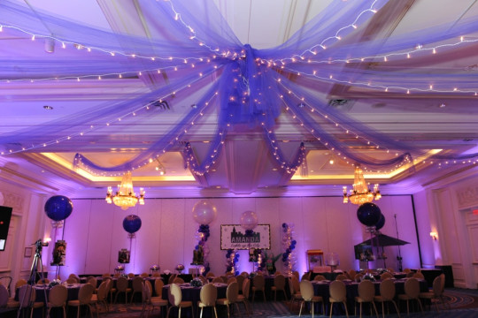 Purple Tulle with Lights Draped from Ceiling