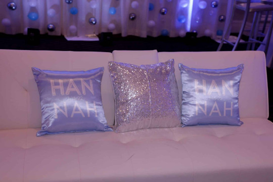 Pale Blue Logo Pillows for Bat Mitzvah Lounge