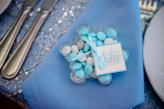 Snowflake Container with M&M's and Logo Tag for Sweet Sixteen Party Favor