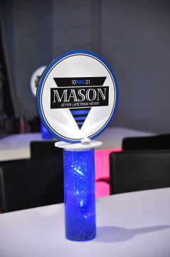 Beautiful LED High Top Centerpiece for Bar Mitzvah with Logo Topper on a Cylinder Filled with Royal Blue Aqua Gems