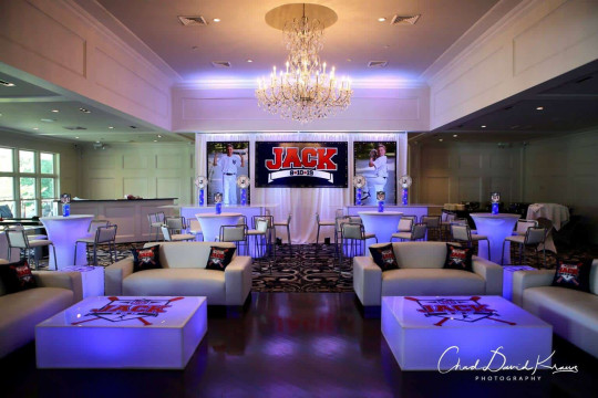 Baseball Themed Bar Mitzvah Lounge with Custom Logo & Photo Backdrop at Grand Oaks Country Club