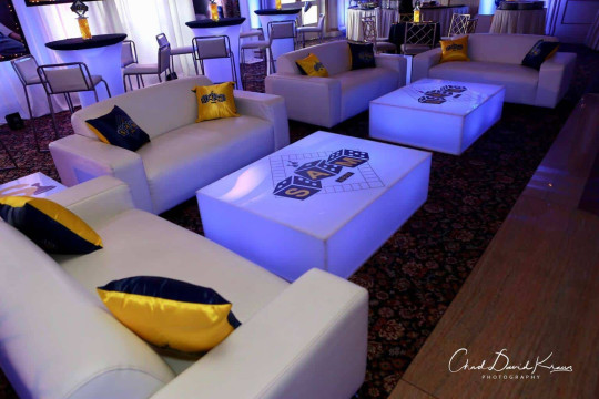 Game Themed Bar Mitzvah Lounge with Custom Logo LED Tables & Pillows at Glen Island Harbour Club