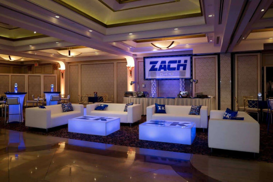 ESPN Bar Mitzvah Lounge with LED Logo Tables & Custom Pillows at Glen Island Harbour Club