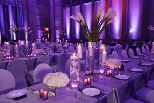 LED Floral Centerpieces with Mirrored Cylinders and Votives  at Kol Ami, White Plains