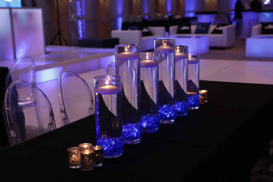 LED Cylinders Centerpiece for Long Tables at Club Themed Bar Mitzvah