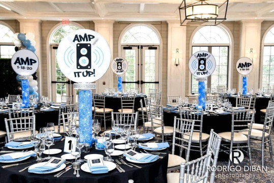 LED Logo Centerpieces with Pale Blue Chips at Ardsley Country Club