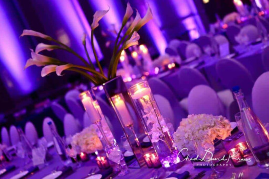 LED Floral Centerpieces with Mirrored Cylinders, Pillar Candles and Votives