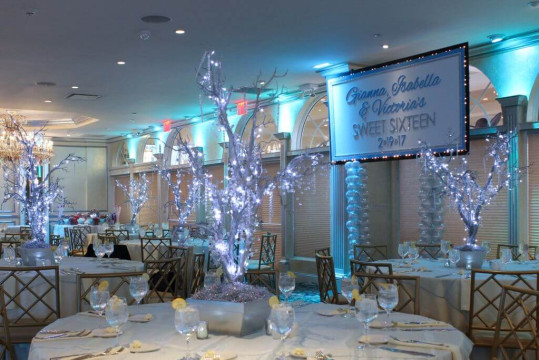 Winter Themed Sweet Sixteen with LED Tree Centerpieces & Custom Backdrop