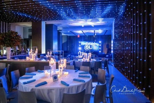 Bar Mitzvah Centerpieces with Floating Candles & Hurricane Vases at Riverpark, NYC