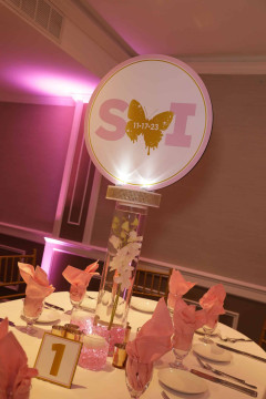 LED Orchid Centerpiece with Custom Butterfly Logo Topper for Sweet Sixteen
