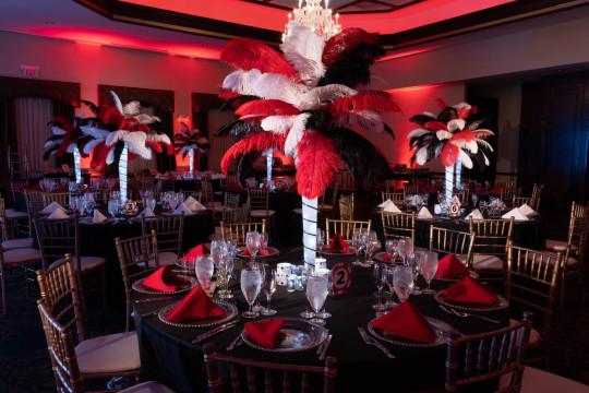 Red, Black & White Feather Centerpieces with Custom Votives for Casino Themed Bar Mitzvah at Temple Emanu-el, Closter, NJ