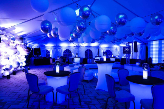 Beautiful Bat Mitzvah Tent Event with LED Uplighting, Ceiling Balloon Treatment, Organic Balloons & LED Lounge at Falco's Catering, NJ