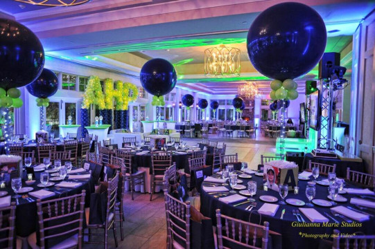 Navy & Lime Bar Mitzvah with Custom Cube Centerpieces, Initials Balloon Sculpture & Blue Uplighting at Indian Trail Club