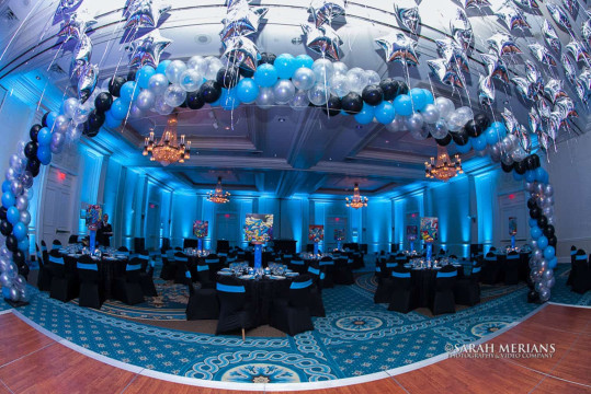 Graffiti Themed Bar Mitzvah with Turquoise LED Lighting, Canopy over Dance Floor & Aqua Gem Centerpieces at The Woodcliff Lake Hilton