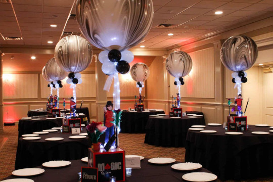 Magic Themed Bar Mitzvah with Custom Themed Centerpieces and Black & White Marble Balloons at Town & Country, Congers, NY