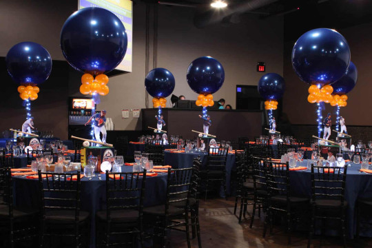 Mets Themed Bar Mitzvah with Photo Cube Centerpieces & Navy & Orange Balloons at Vibe
