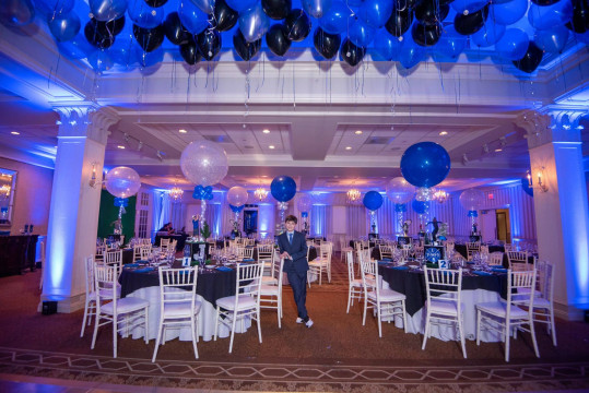 Sports Themed Bar Mitzvah with Loose Ceiling Balloons, Custom Centerpieces & LED Balloons at Preakness Hills CC