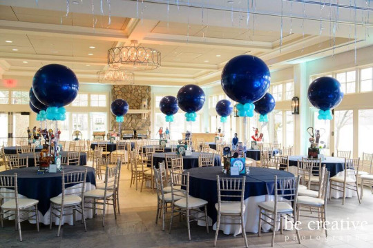 Navy & Turquoise B'nai Mitzvah with Custom Cube Centerpieces and 36" Balloons at Indian Trail Club