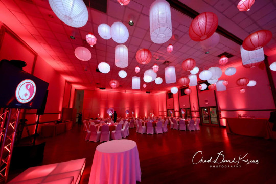 Asian Themed Bat Mitzvah with LED Lantern Ceiling, Red Uplighting & Custom Logo Centerpieces at Temple Israel Center, White Plains