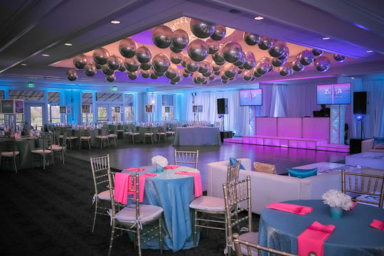 Art Themed Bat Mitzvah Room with Gold Orbz Ceiling Treatment, Lampshade Centerpieces & LED Lounge at Country House at Bluestone