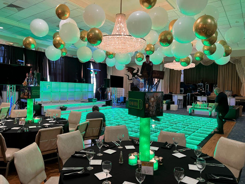 Amusement Park Themed Bar Mitzvah with White & Gold Ceiling Balloons & Custom Themed Centerpieces at Temple Beth El, New Rochelle