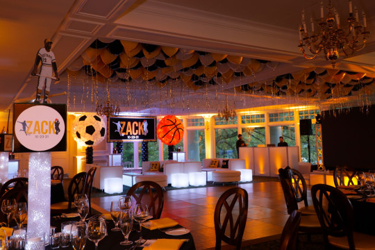 Bar Mitzvah at Scarsdale Golf Club with Loose Balloons Over Dance Floor, Sports Balloon Sculpture, Custom Backdrop and Sports Theme Centerpiece