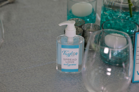 Custom Logo Hand Sanitizer on Adult Tables for Bat Mitzvah Covid Tent Party