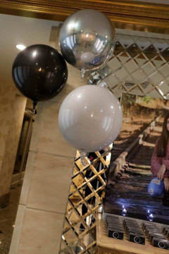 Metallic Orbz Balloons as Decor Accent in Entrance to Bat Mitzvah