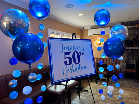 50th Birthday Custom Welcome Sign with Metallic Orbz Bubble Balloons