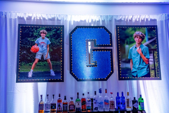 Custom Glittered Initial & Photos with Lights Behind Bar for Bar Mitzvah at Preakness Hills Country Club