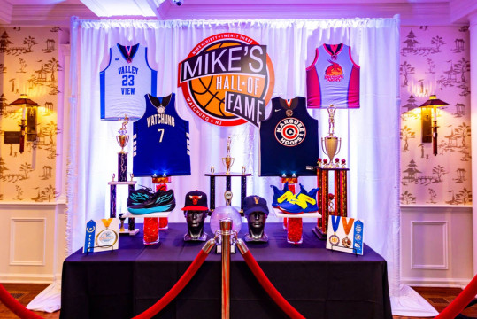 Custom Hall of Fame  Display with Logo Sign, Jerseys & Trophies for Basketball Themed Bar Mitzvah