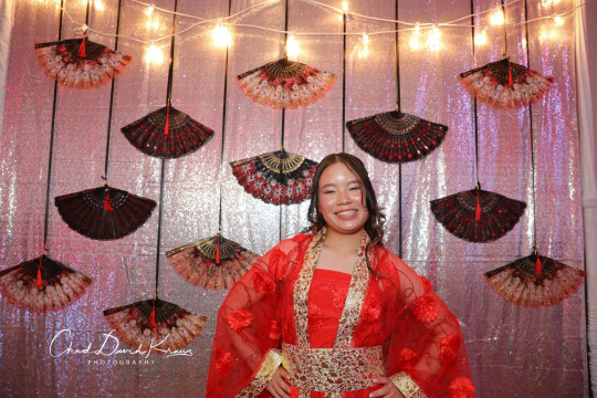 Asian Themed Photo Booth Backdrop with Silver Bling & Hanging Fans for Bat Mitzvah