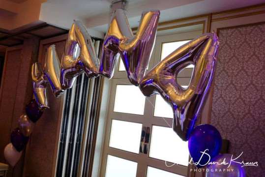 Silver Mylar Bubble Letters with Purple & White Balloons