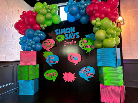 Custom Backdrop with Organic Balloon Garland & 3D Cubes for Bar Mitzvah Photo Booth