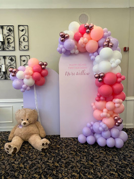 Custom Chiara Arch Backdrops with Organic Balloon Garland for Bear Themed First Birthday