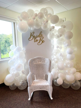 White Balloon Garland with Custom Chiara Arch & Glitter Sign Backdrop for Bridal Shower