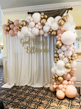 Balloon Garland with Custom Draping Backdrop & Glitter Sign for Christening