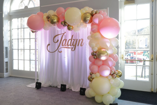 Beautiful Organic Half Balloon Arch With Pipe and Drape Backdrop with Custom Hand Cut Sign for Bat Mitzvah Party Decor