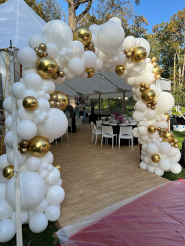 White & Gold Organic Balloon Arch for Outdoor Tent Party