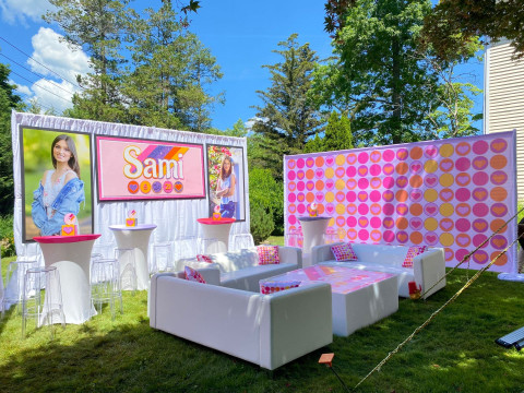 Tent Party Bat Mitzvah with LED Lounge Furniture, Mini Cubes Cocktail Centerpiece, Mural Photo Op and Custom Backdrop with Blow Up Pictures