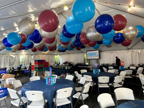 Shades of Blue & Burgundy Ceiling Balloons in Tent for Outdoor Bar Mitzvah