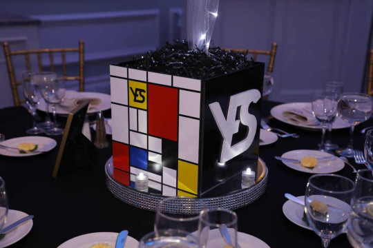Mondrian Themed Cube Centerpiece with Cutout Initials & Custom Logo