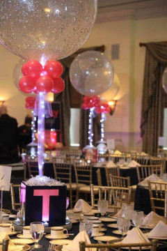 Hot Pink & Silver Sparkle Balloon Centerpiece with Photo Cube Base