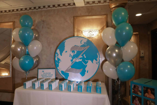 Custom Passport Place Cards, Globe Seating Card Display, Balloon Trees and Gift Box for Travel Bat Mitzvah