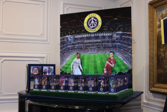Soccer Themed Seating Card Display with Stadium Background & Logo
