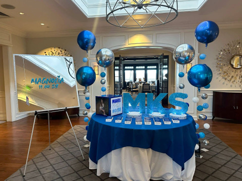 Bat Mitzvah Entrance Display with Glitter Initials, Custom Logo Place Cards, Mirror Sign in Board & Metallic Bubble Balloons at Tamarack Country Club